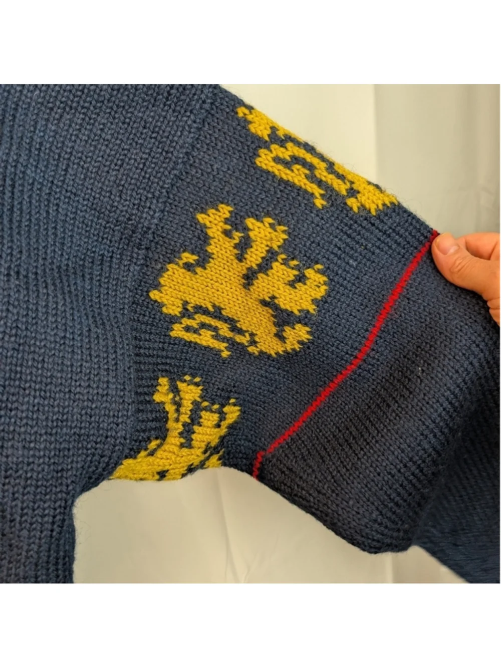 Handmade Wool Navy Cardigan with Yellow Lion Accents Size L In VGUC